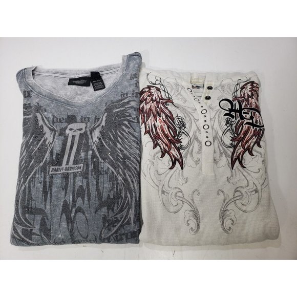Harley-Davidson Tops - Harley Davidson Womens Shirts Lot Of 2 Thermal Henley Long Sleeve Rhinestone 2W